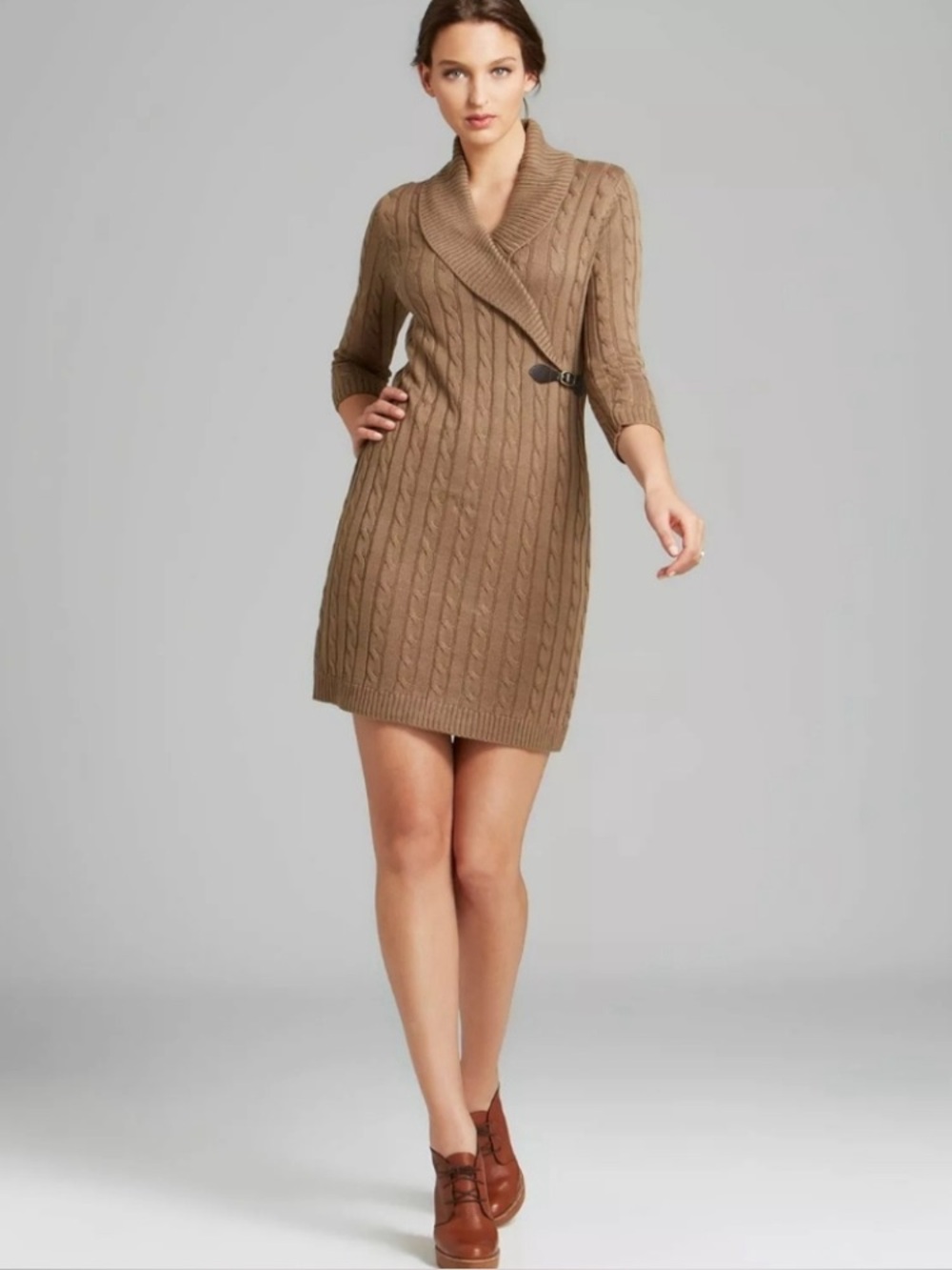 Calvin Klein brown tan cable knit shawl collar faux buckle chic sweater dress M